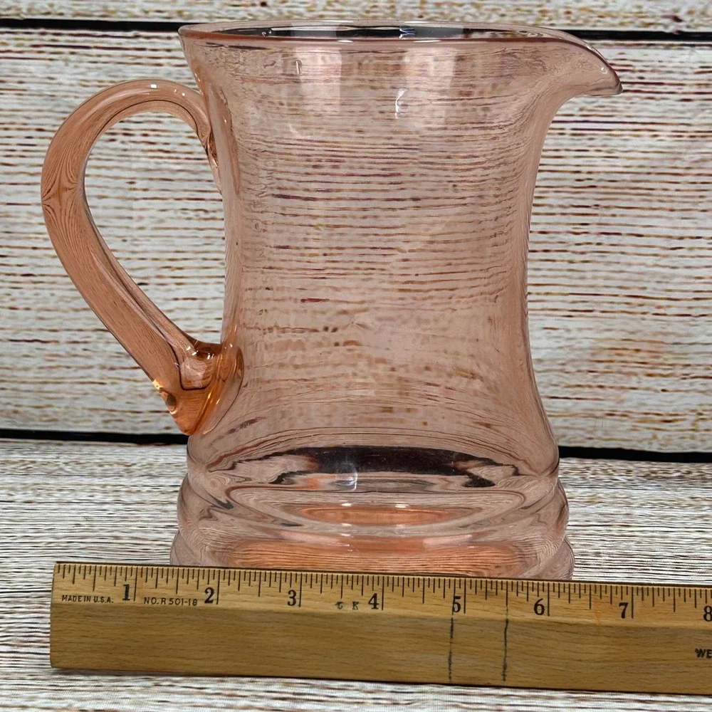 Vintage Pink Depression Glass Pitcher Ringed Base Hand Blown 7.5‎ Inch Blush